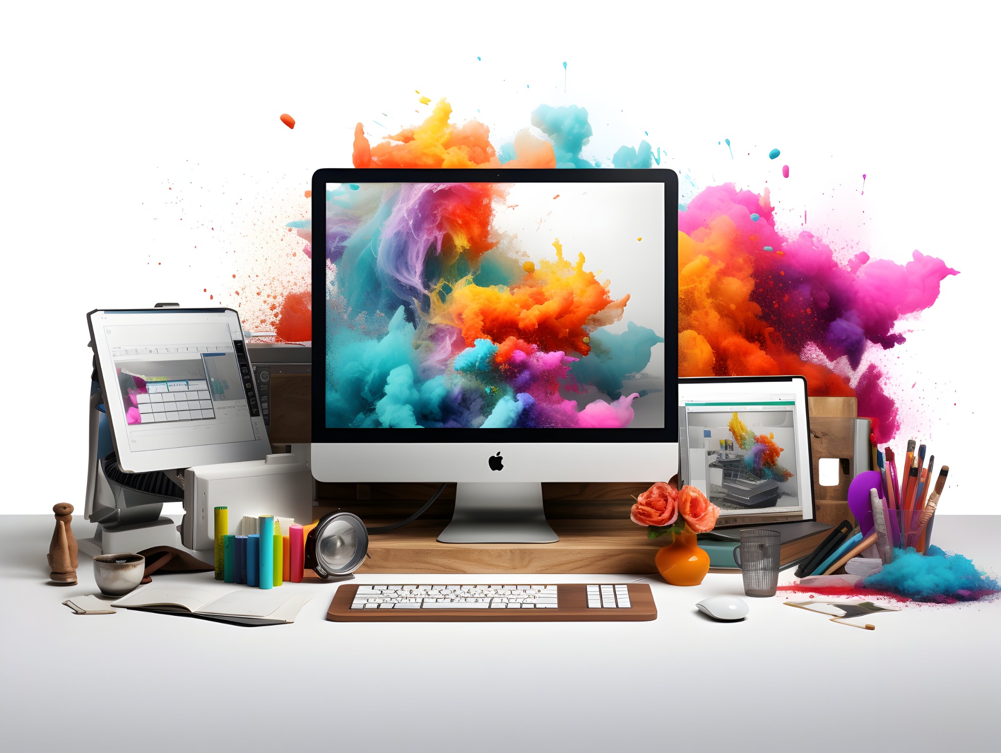 Colourful creative design workspace with vibrant paint clouds and computer screens